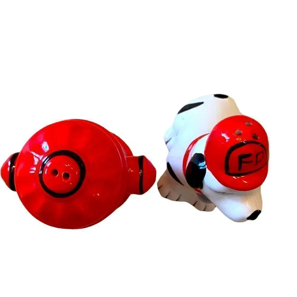 Salt And Pepper Ceramic Shakers Red Fire Hydrant & Dalmatian Dog
